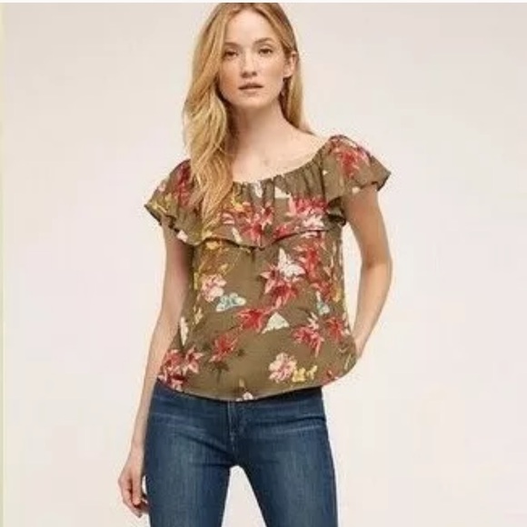 Maeve Vallita Off Shoulder Top Green Floral Ruffle - Picture 2 of 7